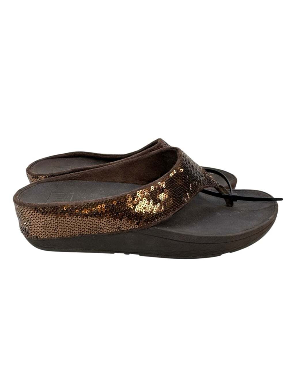FitFlop Ringer Sequin Bronze Toe Post Sandals Womens 8 Platform Comfort